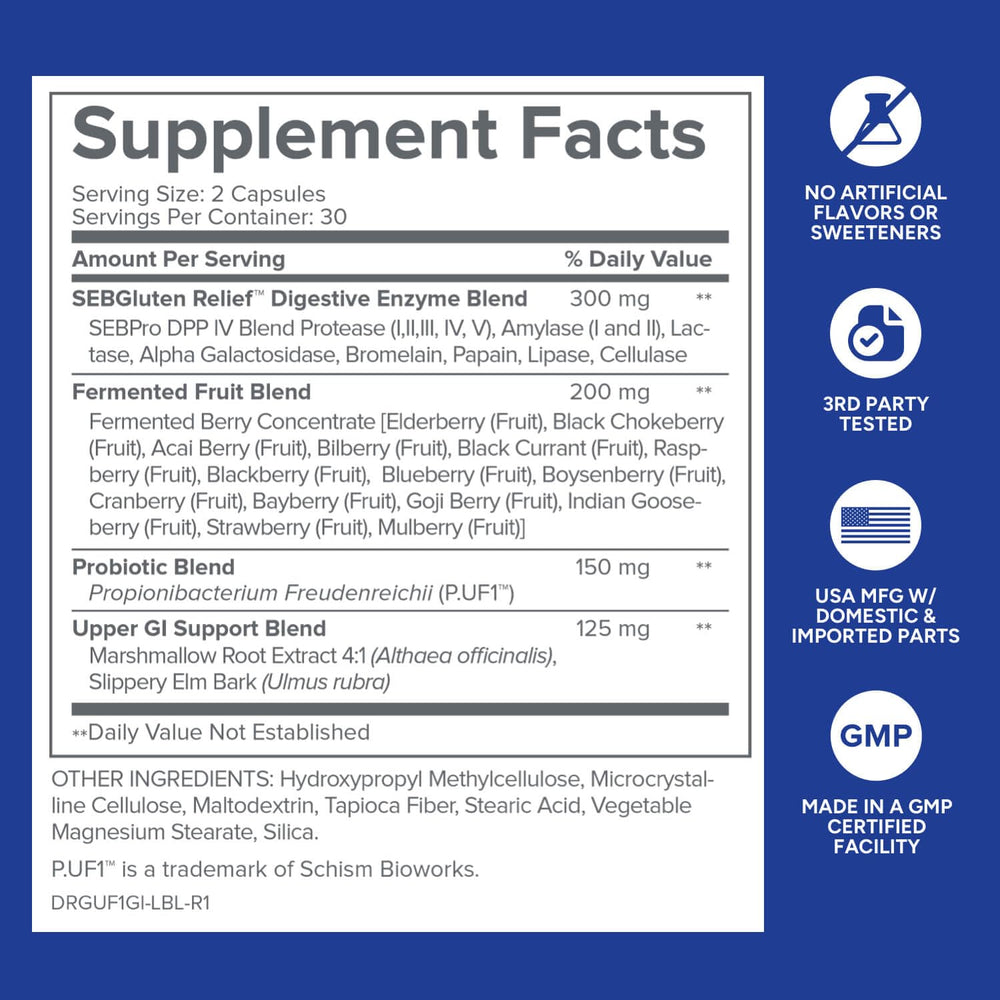 Usage instructions showing 2 capsules daily with water