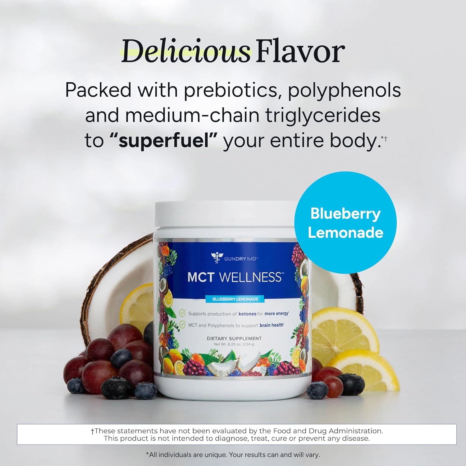 Nutrition highlights for energy support on Gundry MD MCT Wellness Powder