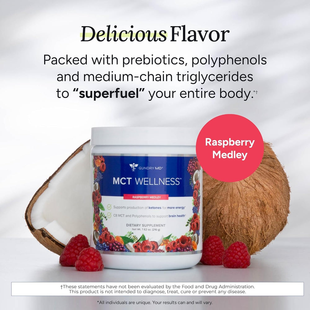 Gundry MD MCT Wellness Raspberry Medley bottle label with nutrition details.