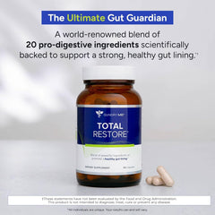 Total Restore capsules visible inside bottle supporting daily digestion comfort.