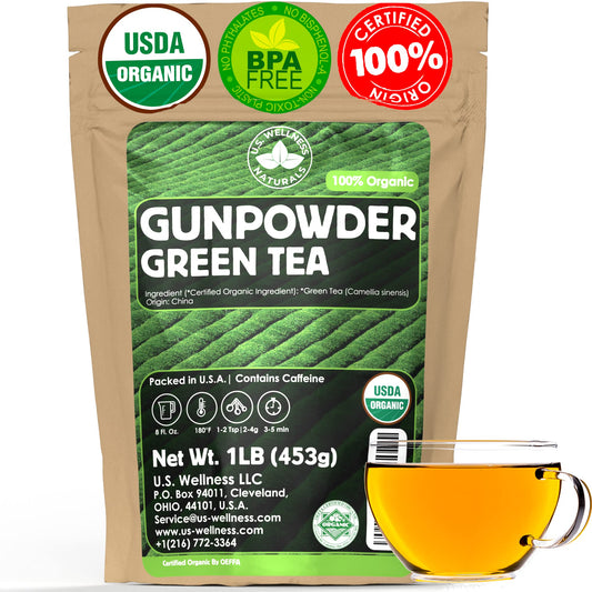 Close-up view of gunpowder green tea pellets