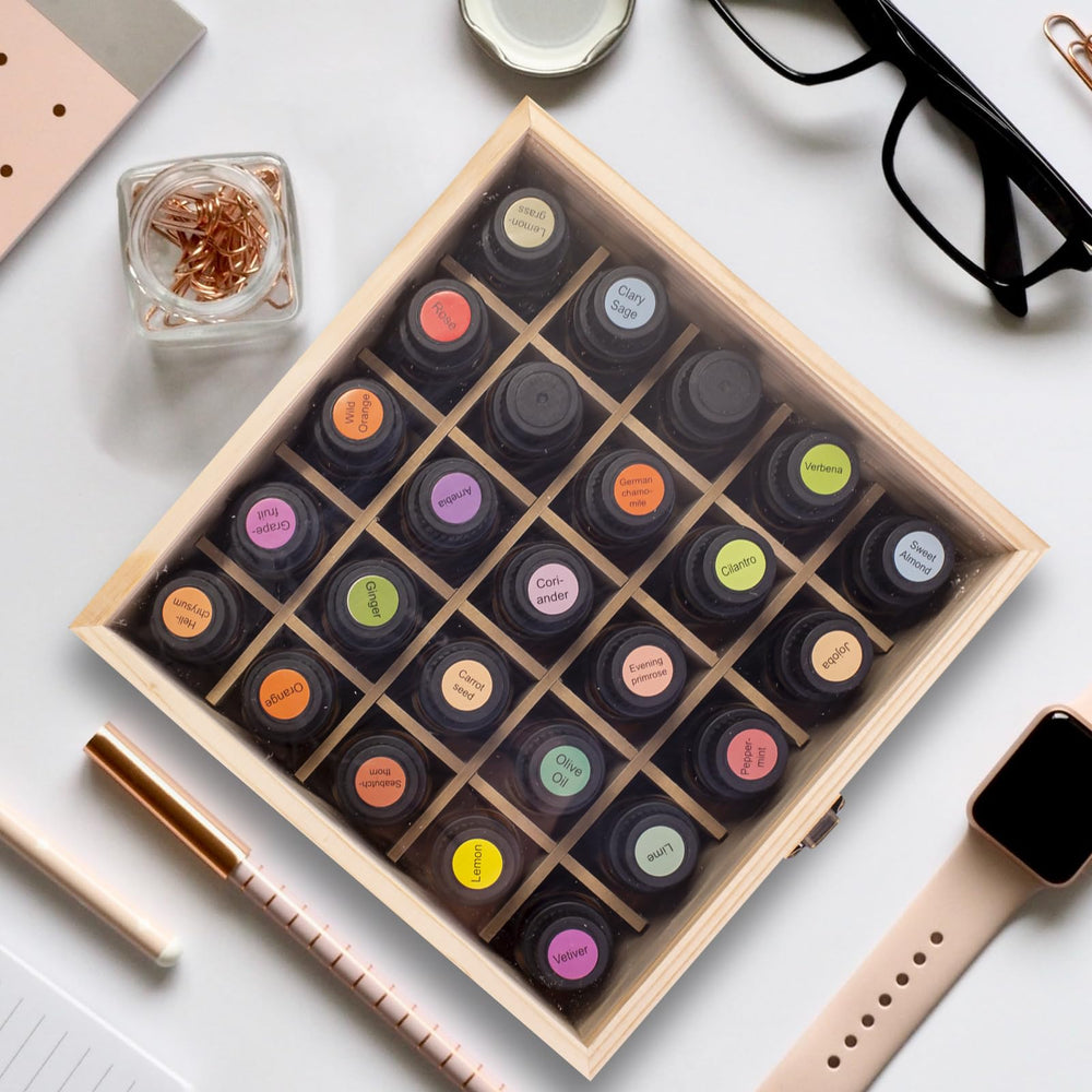 Guolich essential oil storage box with glass lid open at 90 degrees for quick access.