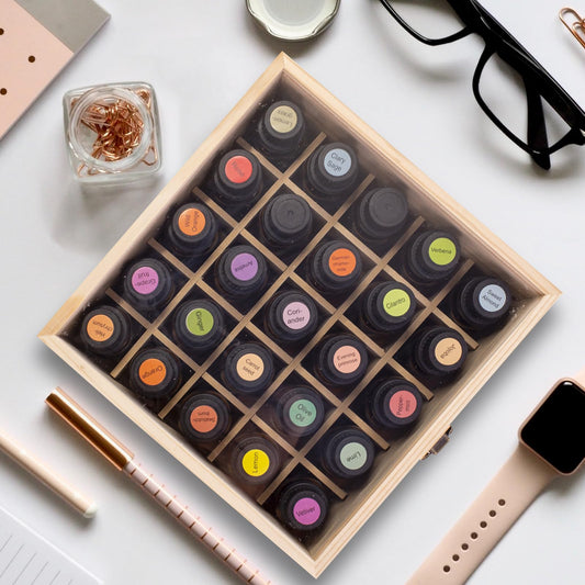 Guolich essential oil storage box with glass lid open at 90 degrees for quick access.