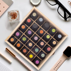 Guolich essential oil storage box with glass lid open at 90 degrees for quick access.