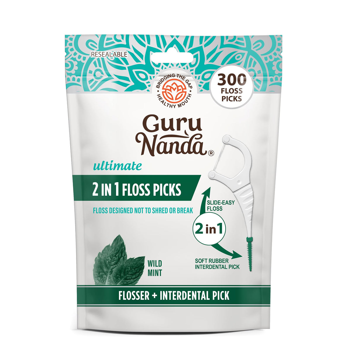 GuruNanda 2-in-1 dental floss picks with mint flavor packaging