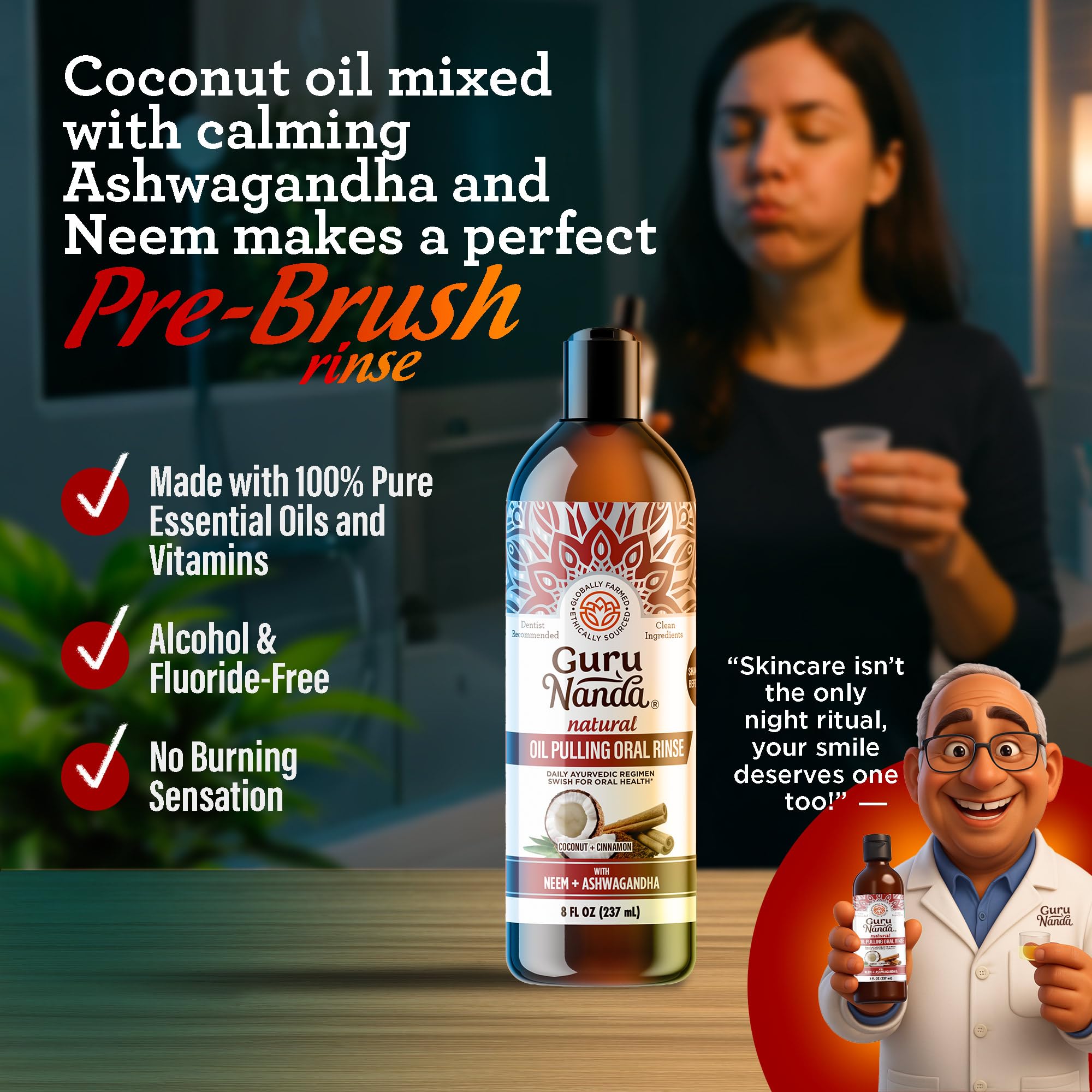 Ashwagandha and herbal ingredients used in oil pulling mouthwash