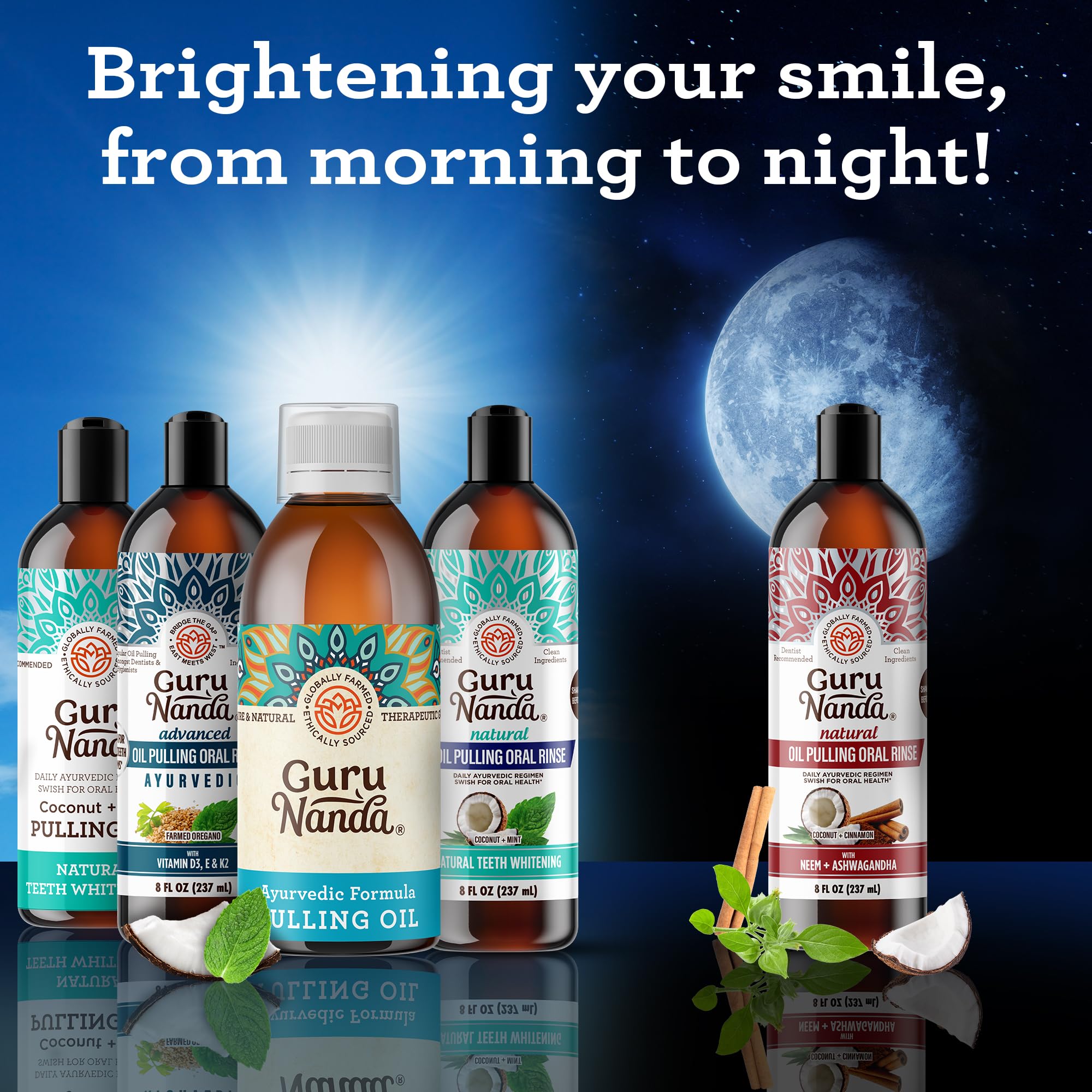 Box with usage instructions for GuruNanda oil pulling mouthwash