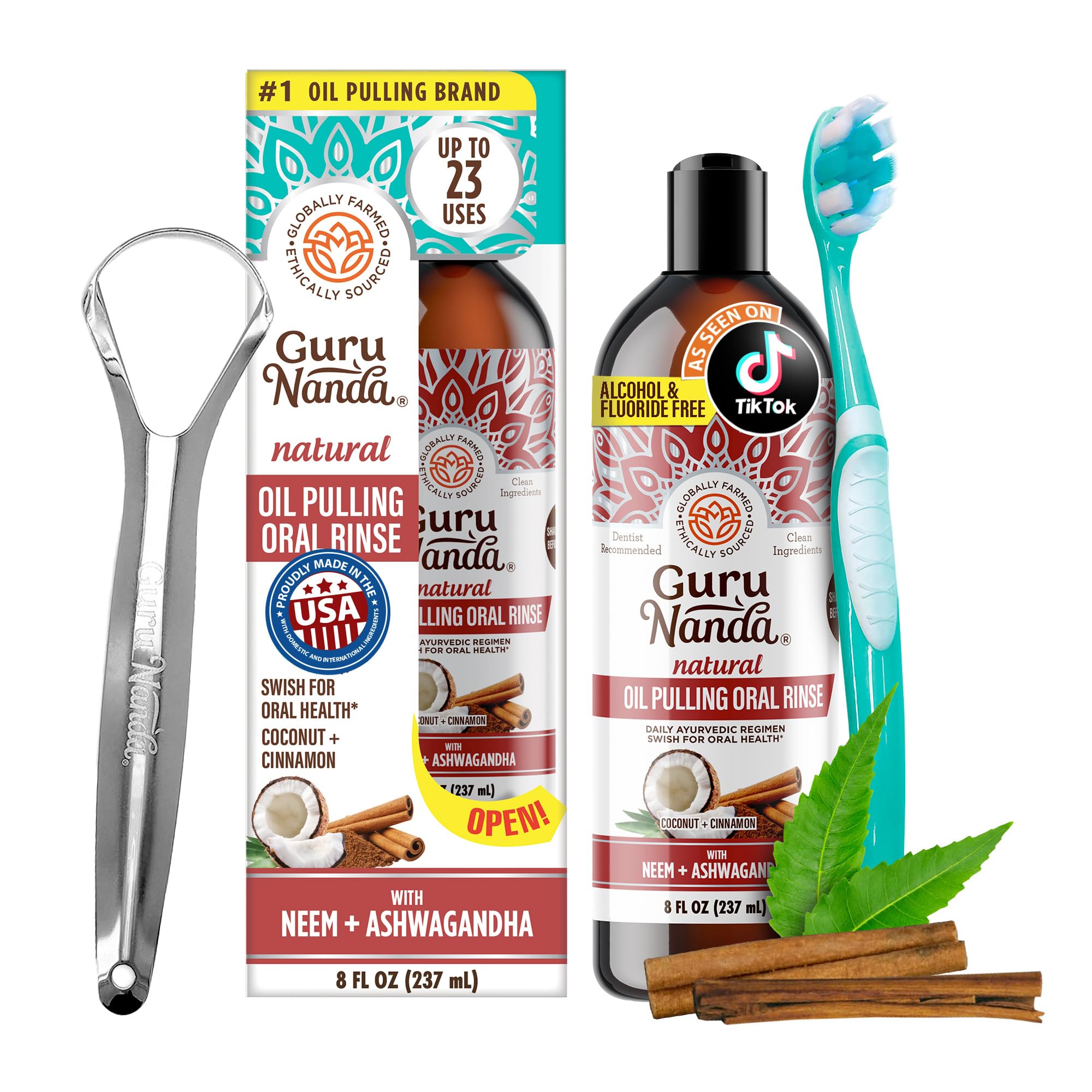 GuruNanda Cinnamon Oil Pulling Mouthwash 8 oz bottle