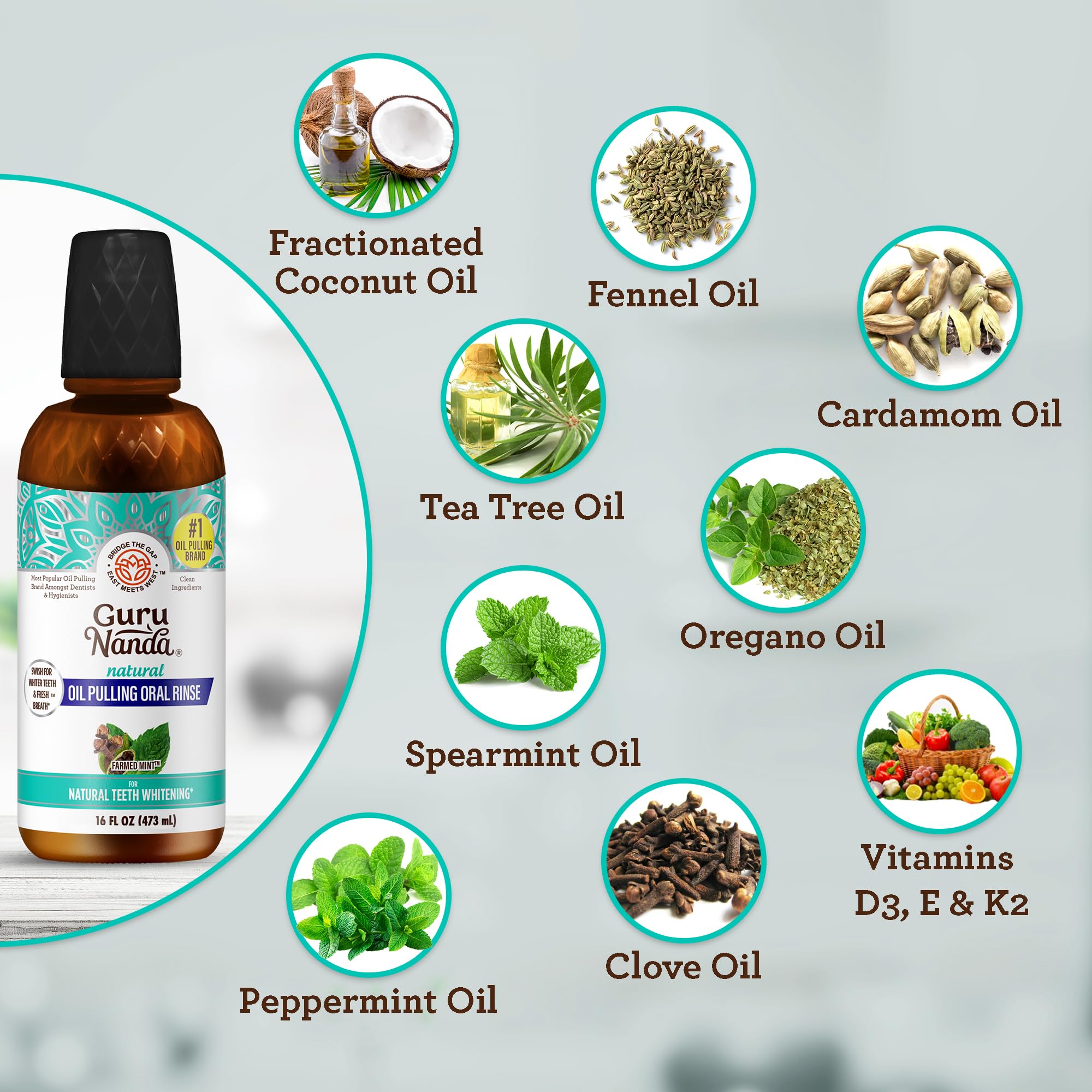 Included measuring cup for dosing oil pulling mouthwash