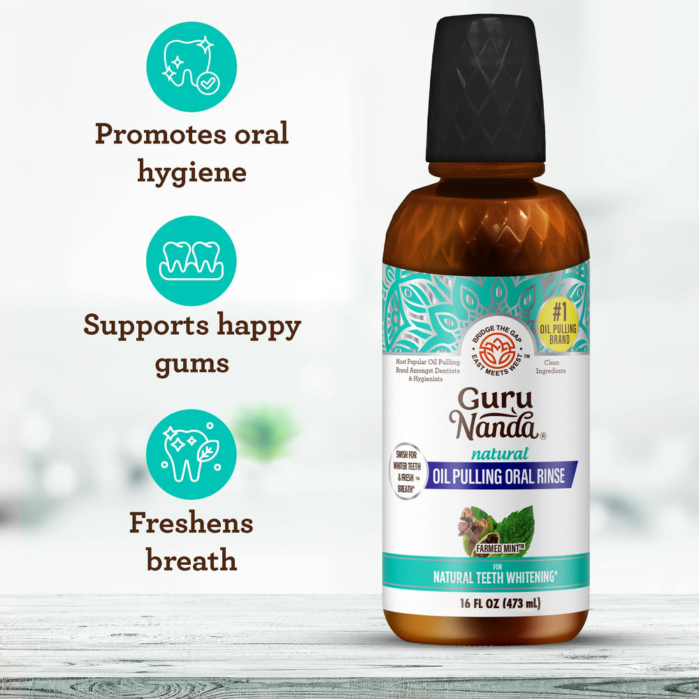 Pouring and swishing oil pulling mouthwash