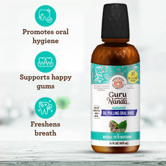 Pouring and swishing oil pulling mouthwash