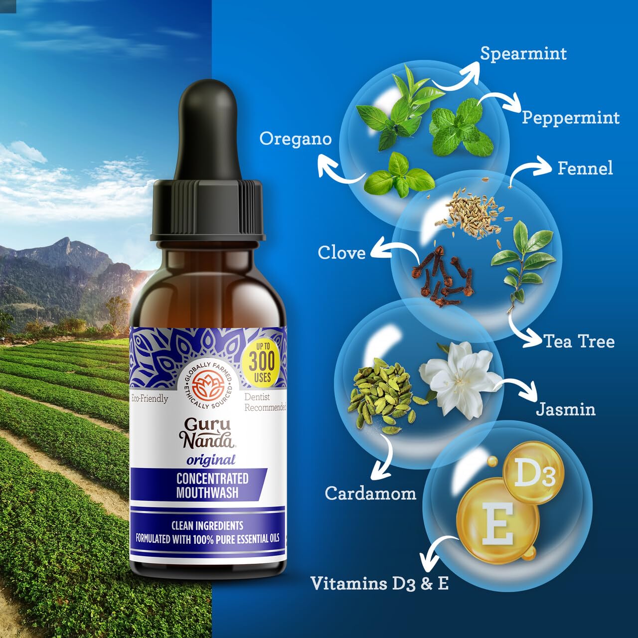 Label close-up showing fluoride-free and essential oils