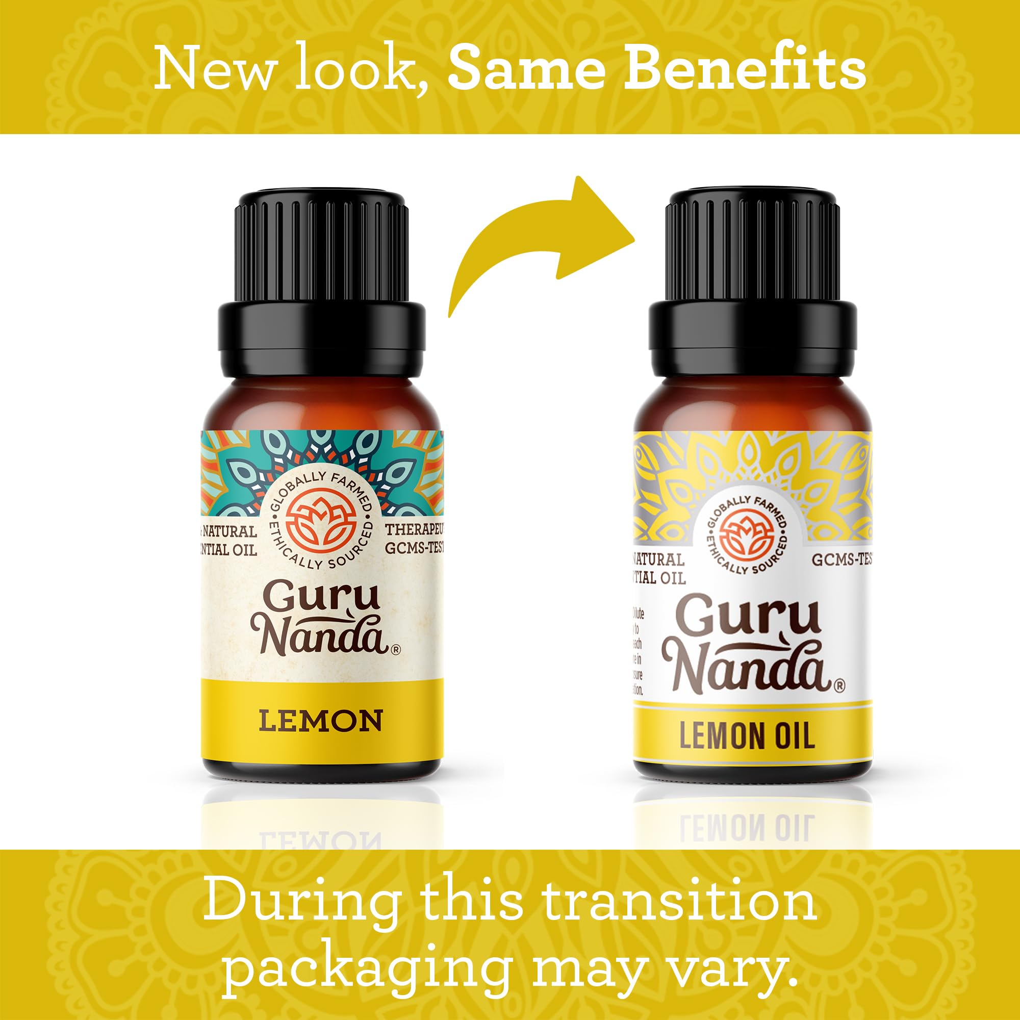 Close-up of GuruNanda Lemon Essential Oil bottle