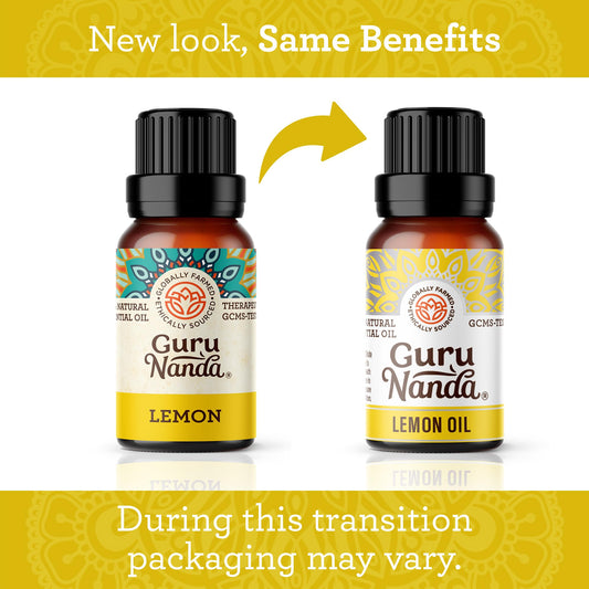 Close-up of GuruNanda Lemon Essential Oil bottle