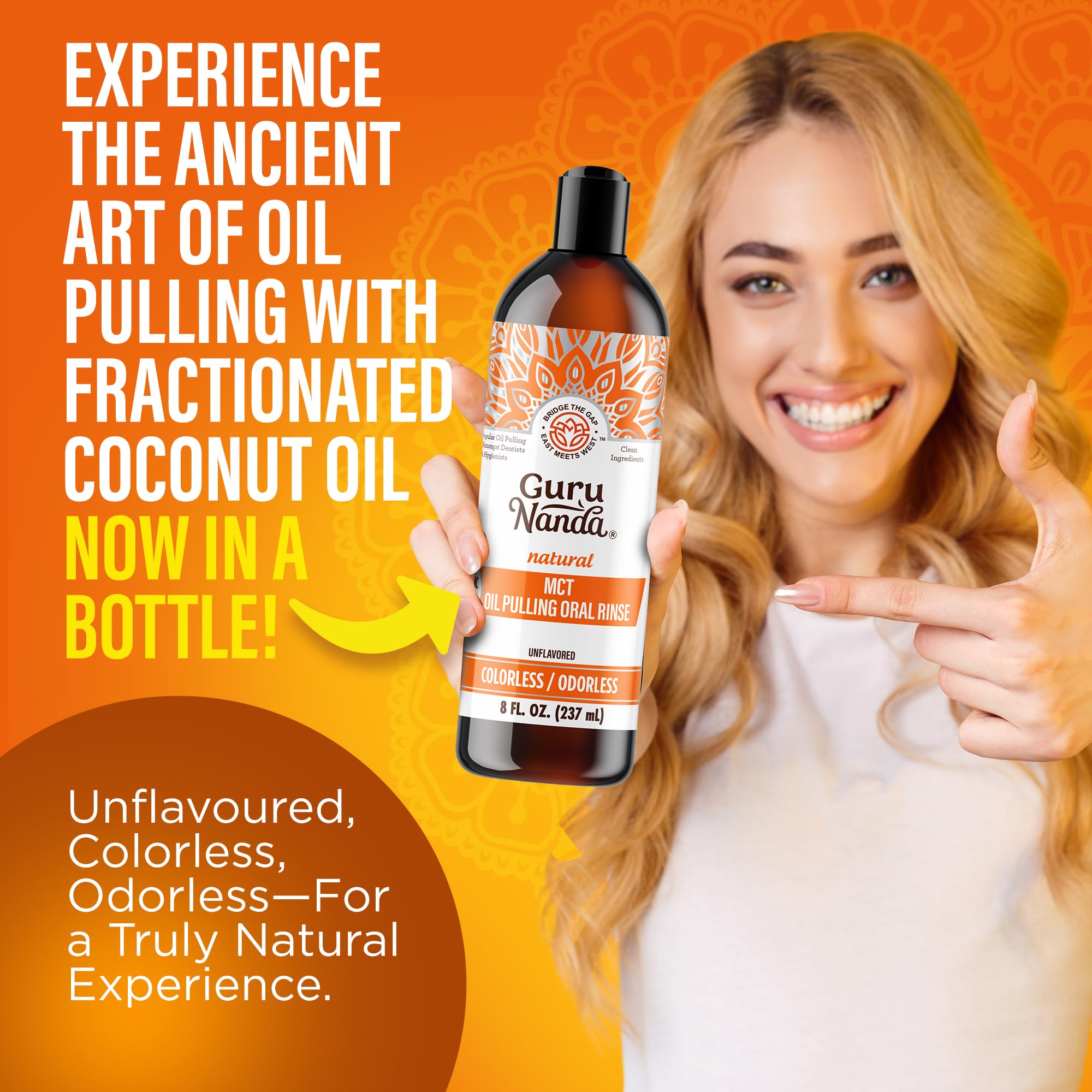 Close-up of pure coconut oil pulling formula in bottle
