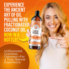 Close-up of pure coconut oil pulling formula in bottle