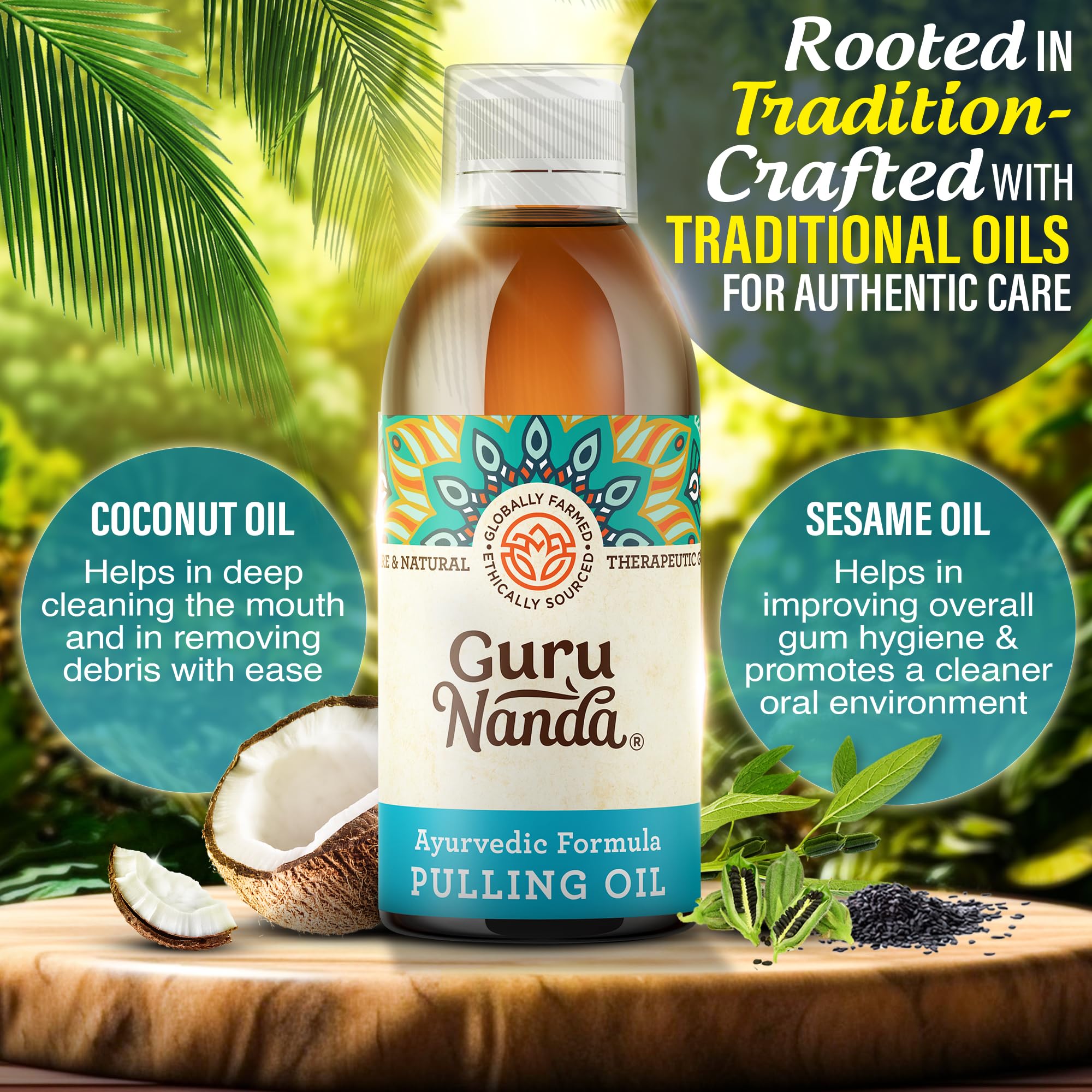 Coconut and sesame oil ingredients used in GuruNanda mouthwash