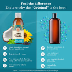 Close-up of GuruNanda oil pulling mouthwash bottle