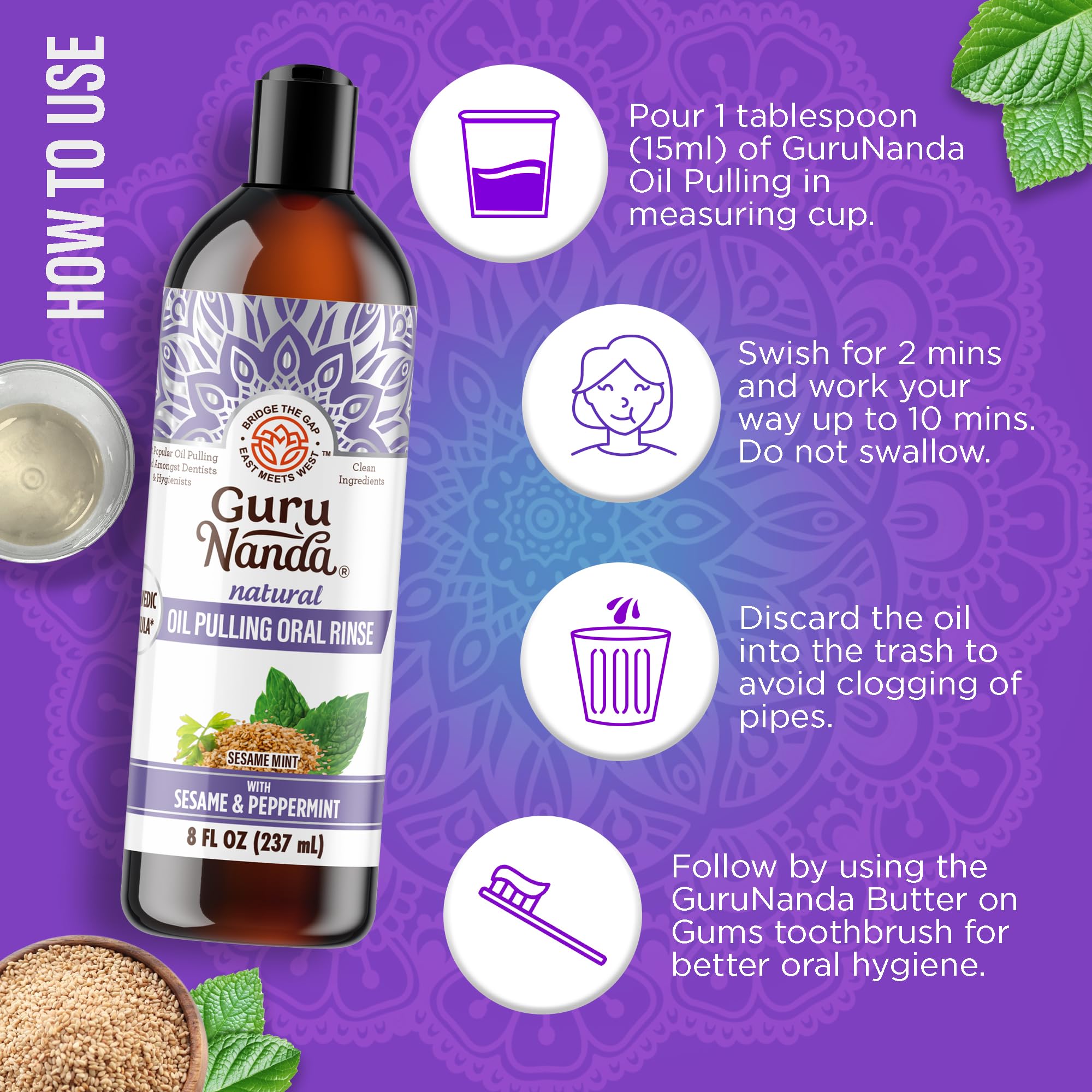 Visual demonstrating oil pulling usage instructions