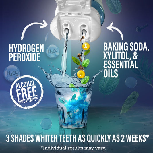 Close-up of whitening mouthwash bottle with hydrogen peroxide and essential oils