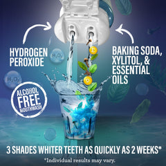 Close-up of whitening mouthwash bottle with hydrogen peroxide and essential oils