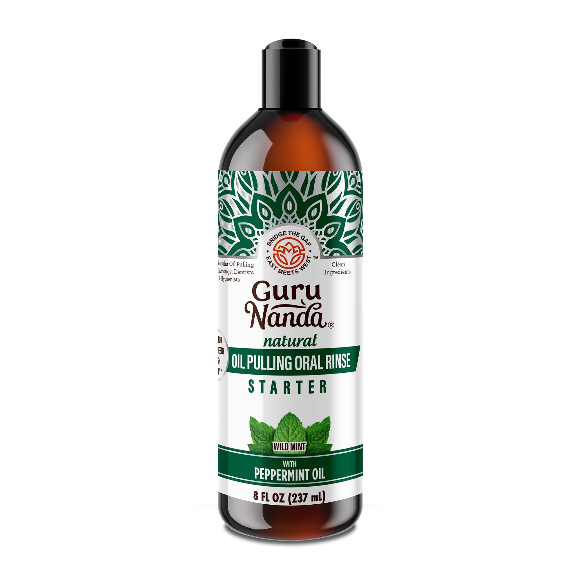 GuruNanda Starter Pulling Oil Mouthwash bottle featuring coconut and peppermint ingredients