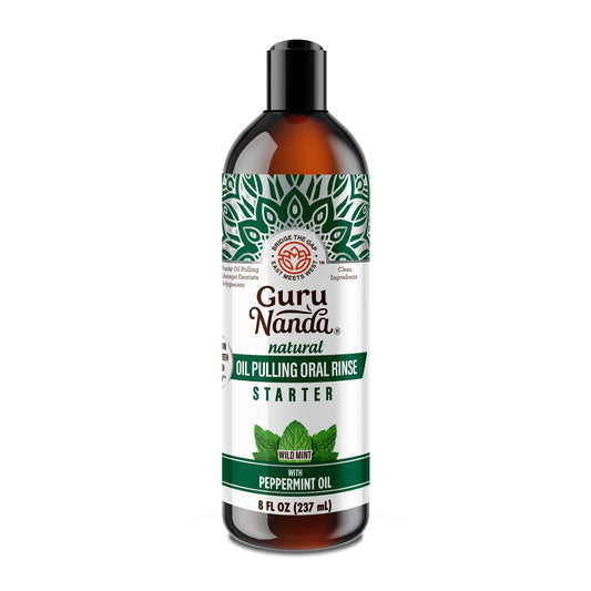 GuruNanda Starter Pulling Oil Mouthwash bottle featuring coconut and peppermint ingredients