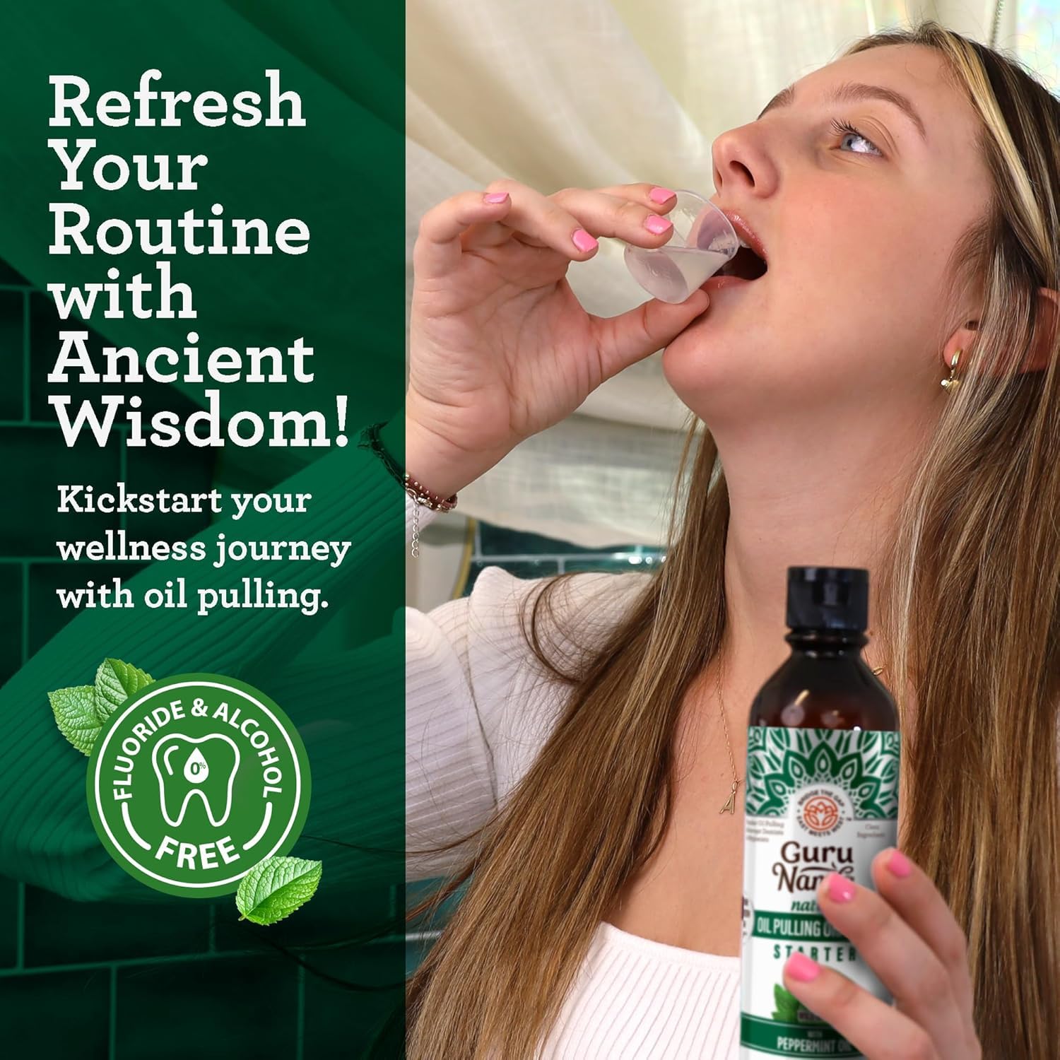 Alcohol-free mouthwash bottle with clean, simple label