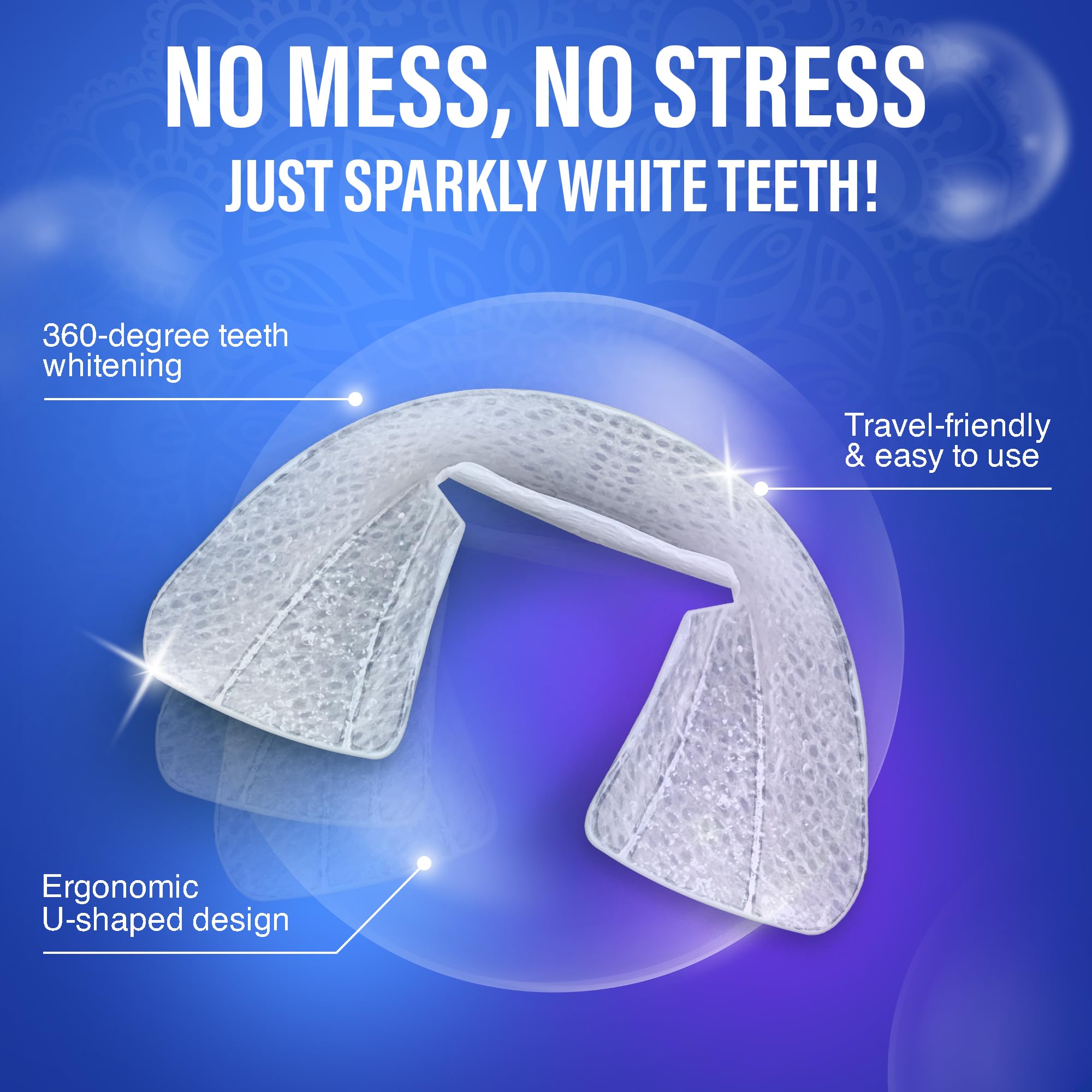 Step 1: applying tray to upper teeth, avoiding the gum line