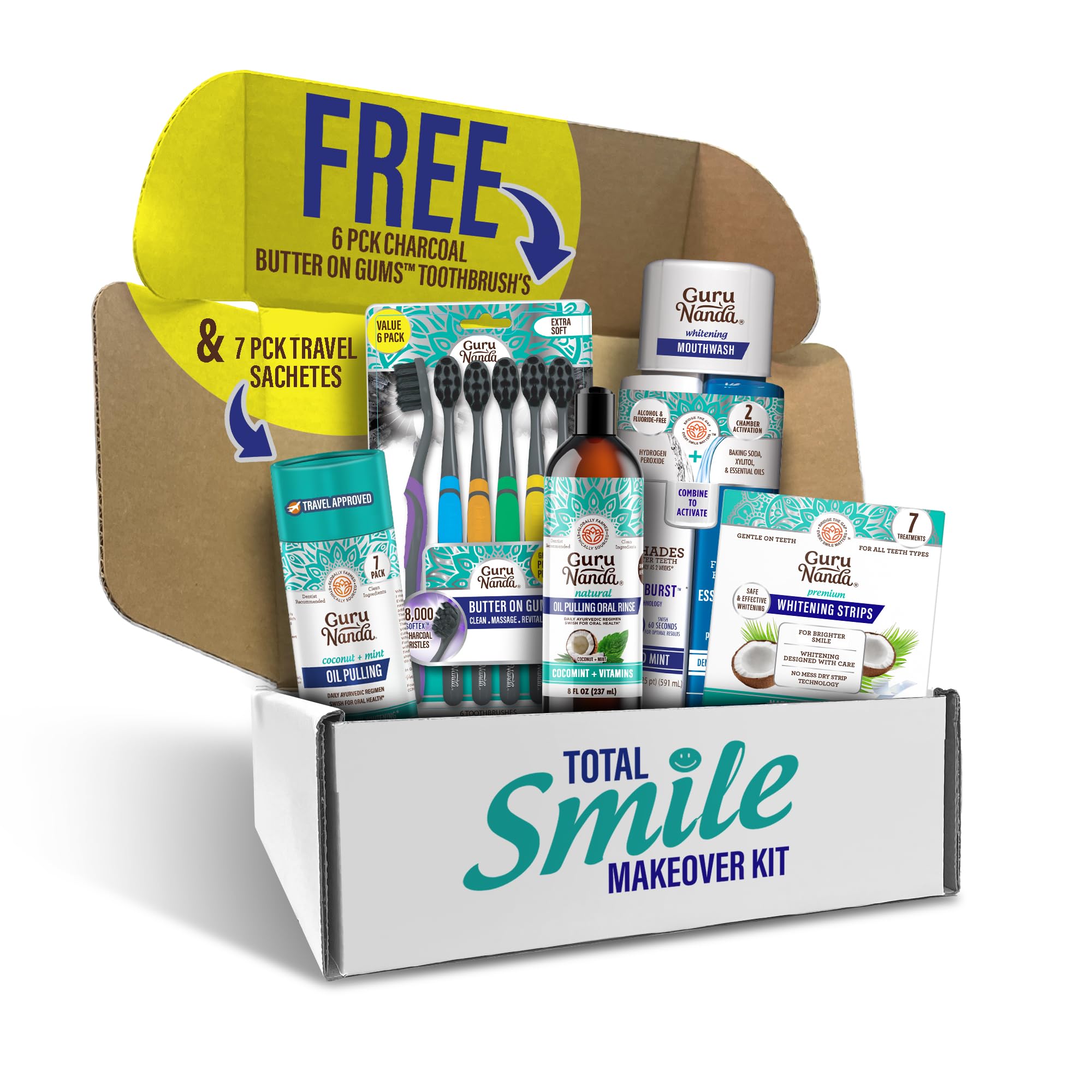 GuruNanda Total Smile Makeover Kit Charcoal with Cocomint Pulling Oil