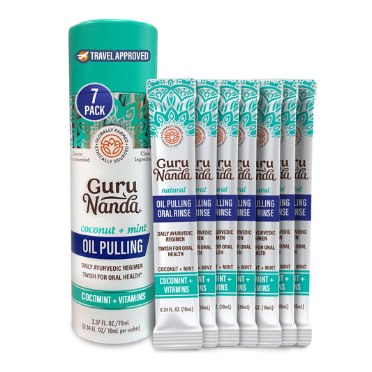 Packaging of GuruNanda Travel Sachets Coconut Oil Pulling Mouthwash