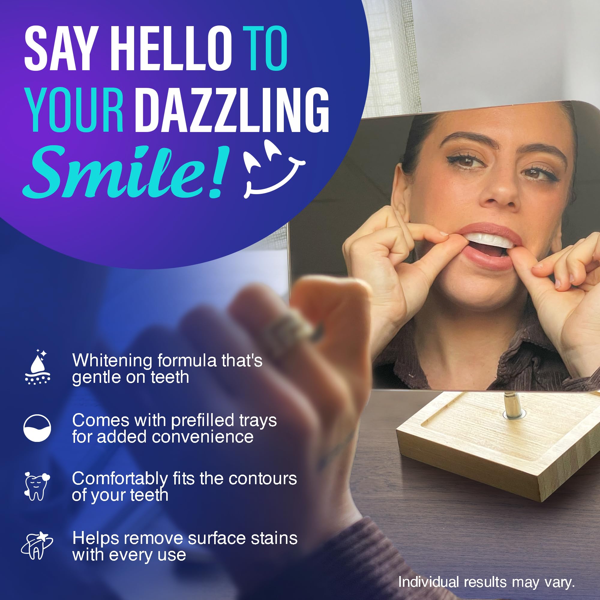Close-up of ergonomic U-shaped whitening tray fitting on teeth