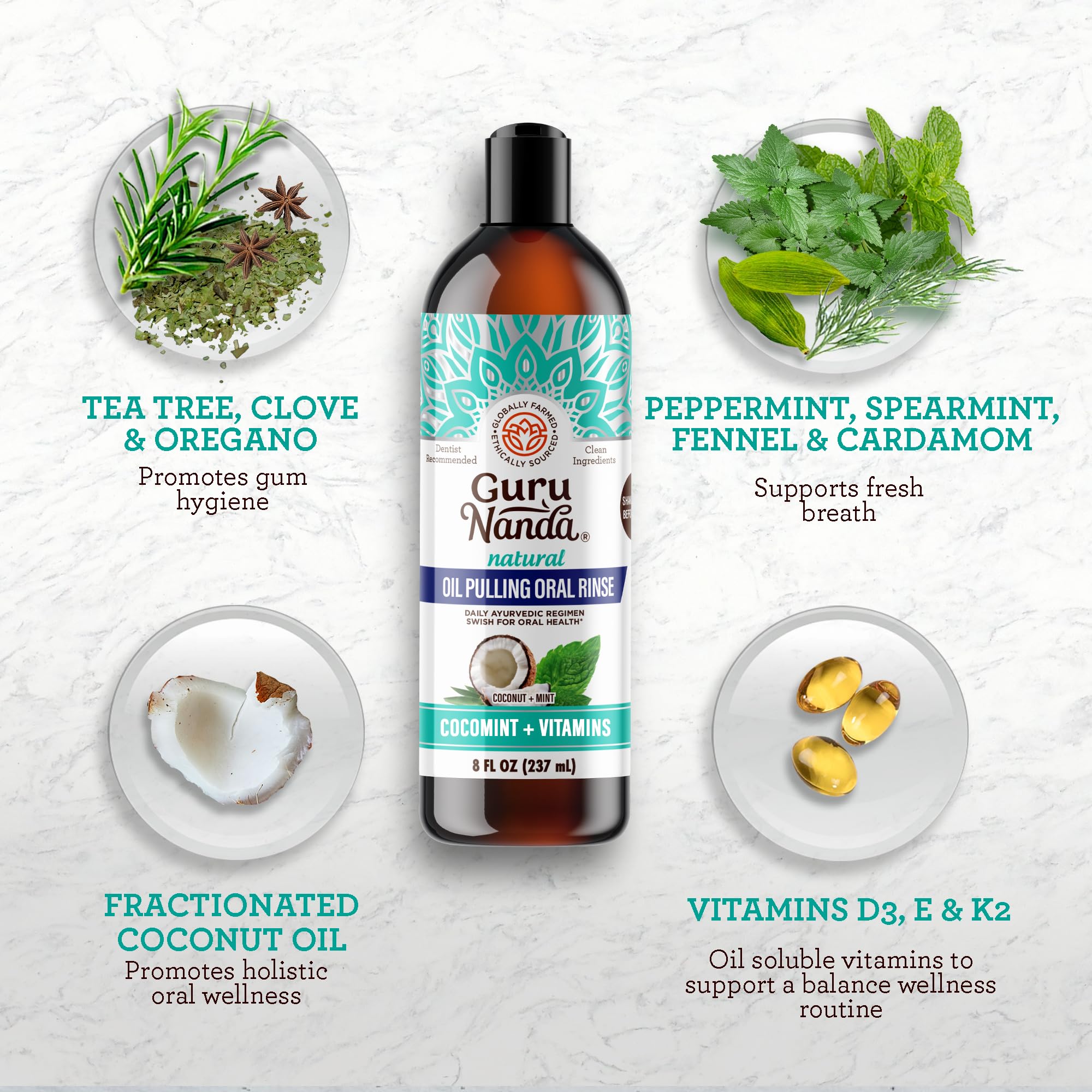 Seven essential oils in GuruNanda CocoMint blend: Tea Tree, Peppermint, Clove