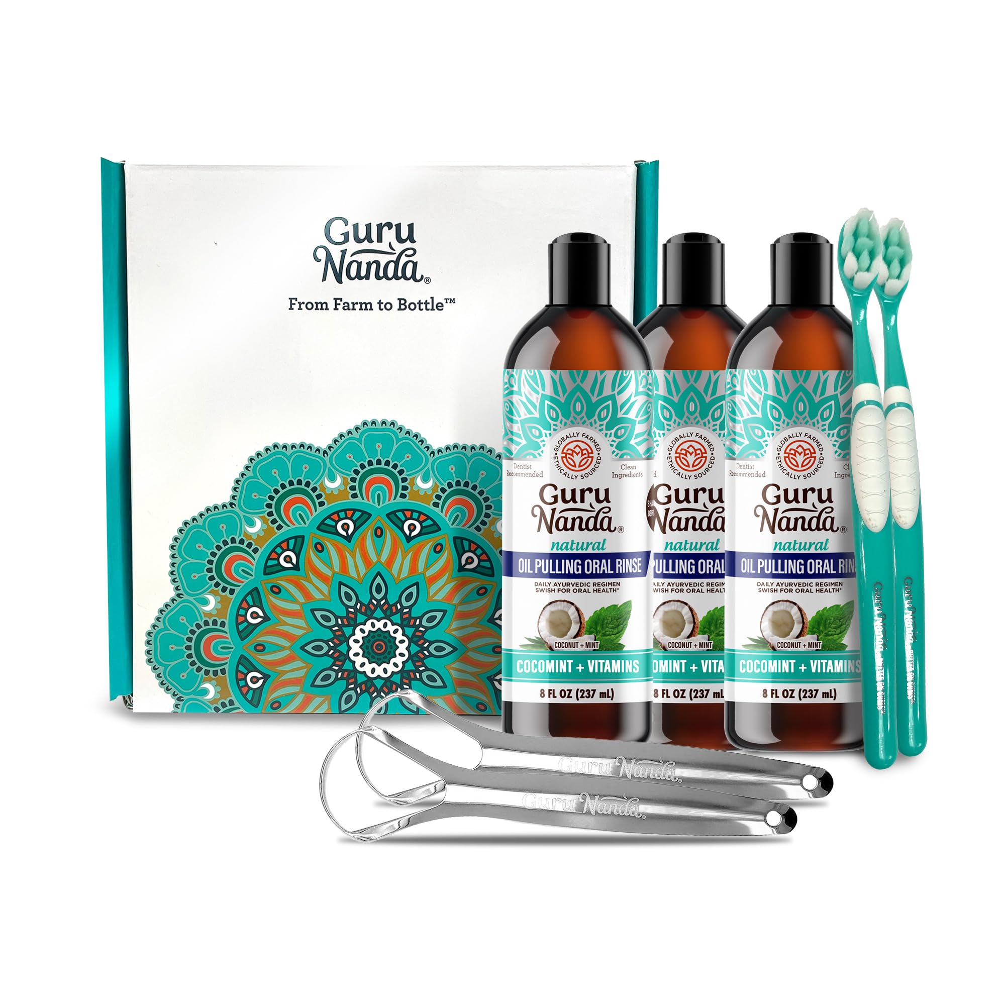GuruNanda CocoMint Oil Pulling Mouthwash bottles 3x8 oz