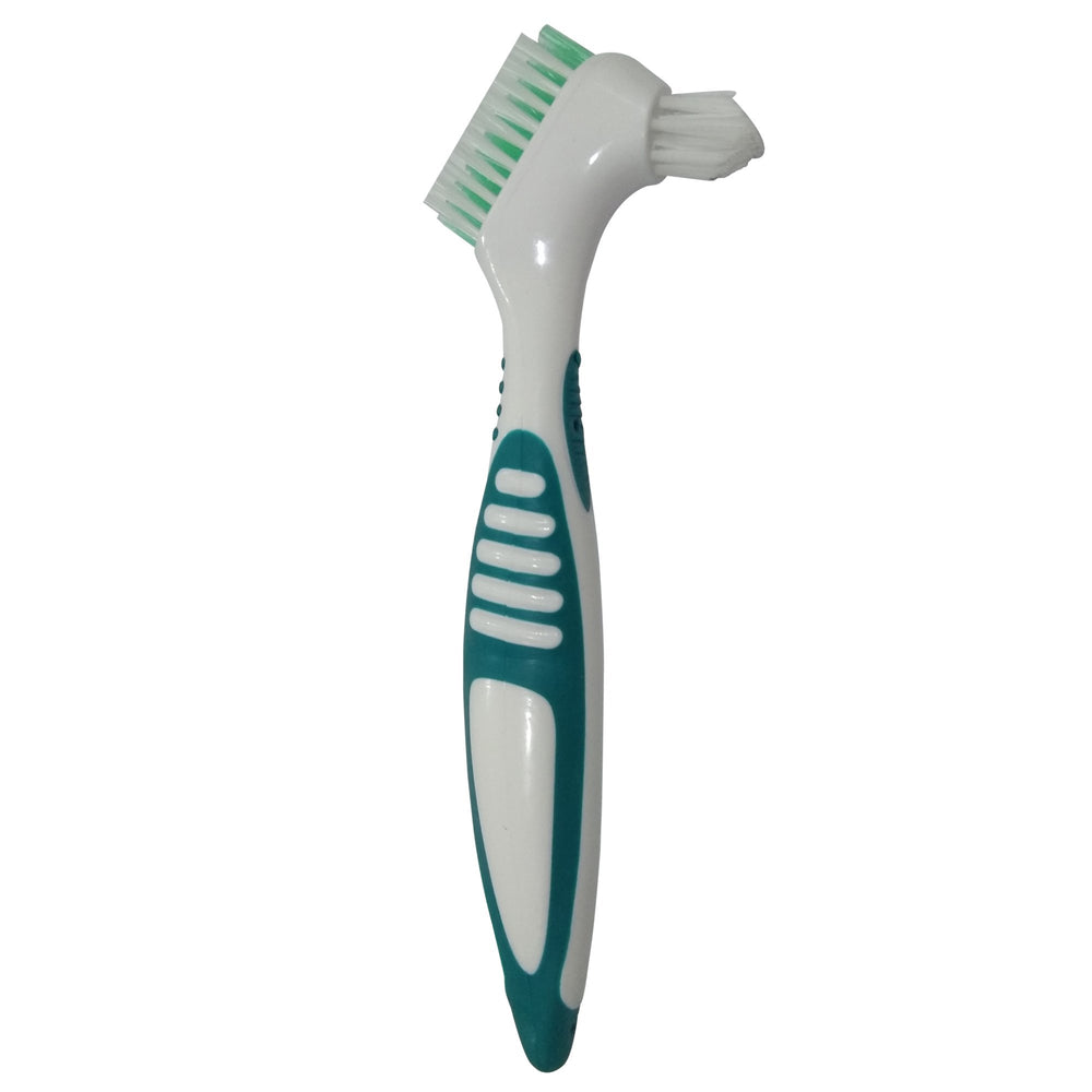 Close-up of multi-layered bristles on denture brush