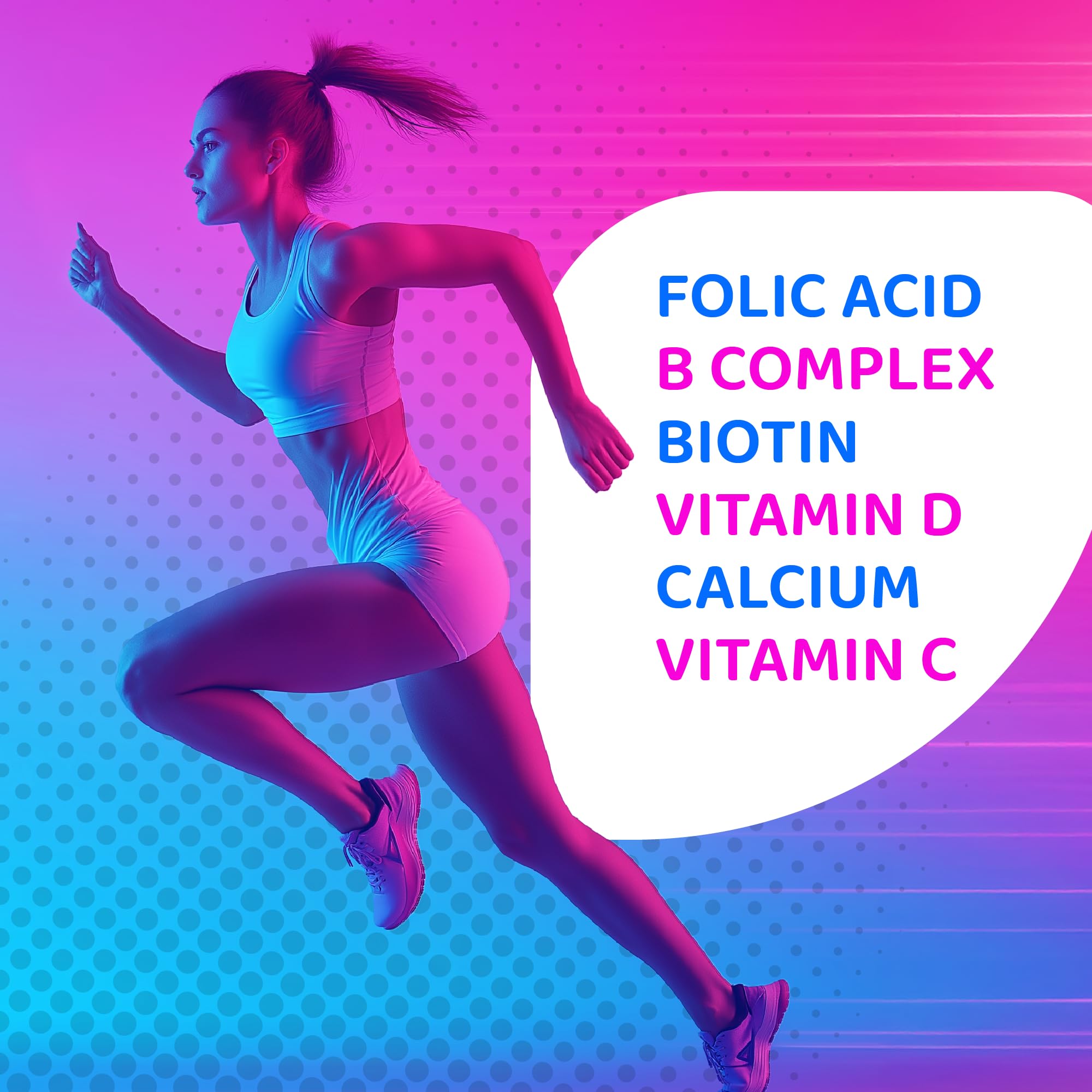 Illustration of key ingredients: Vitamin C, D3, Biotin, Zinc