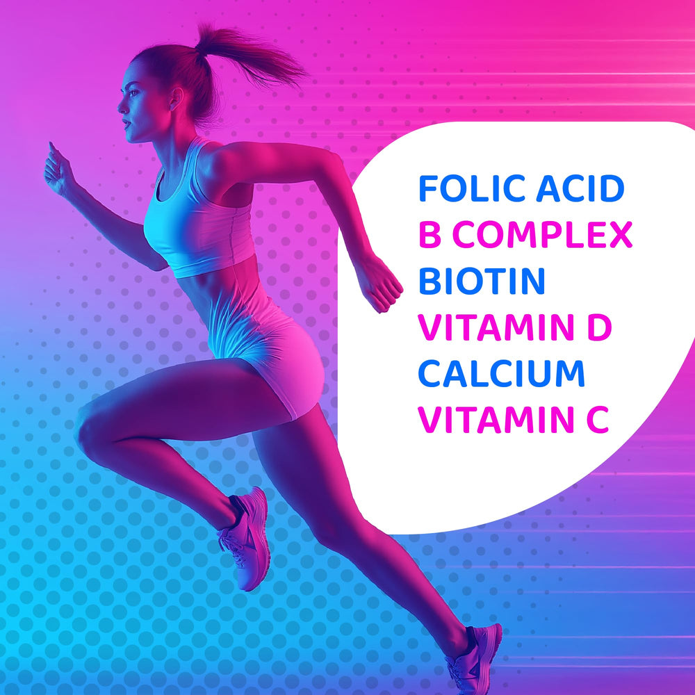 Illustration of key ingredients: Vitamin C, D3, Biotin, Zinc