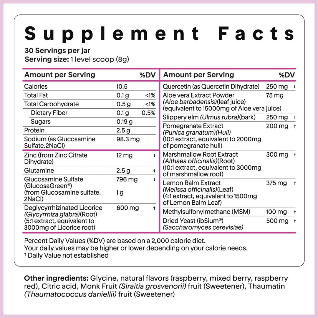 Close-up of key digestive ingredients: aloe vera, marshmallow root, slippery elm, and pomegranate extract.
