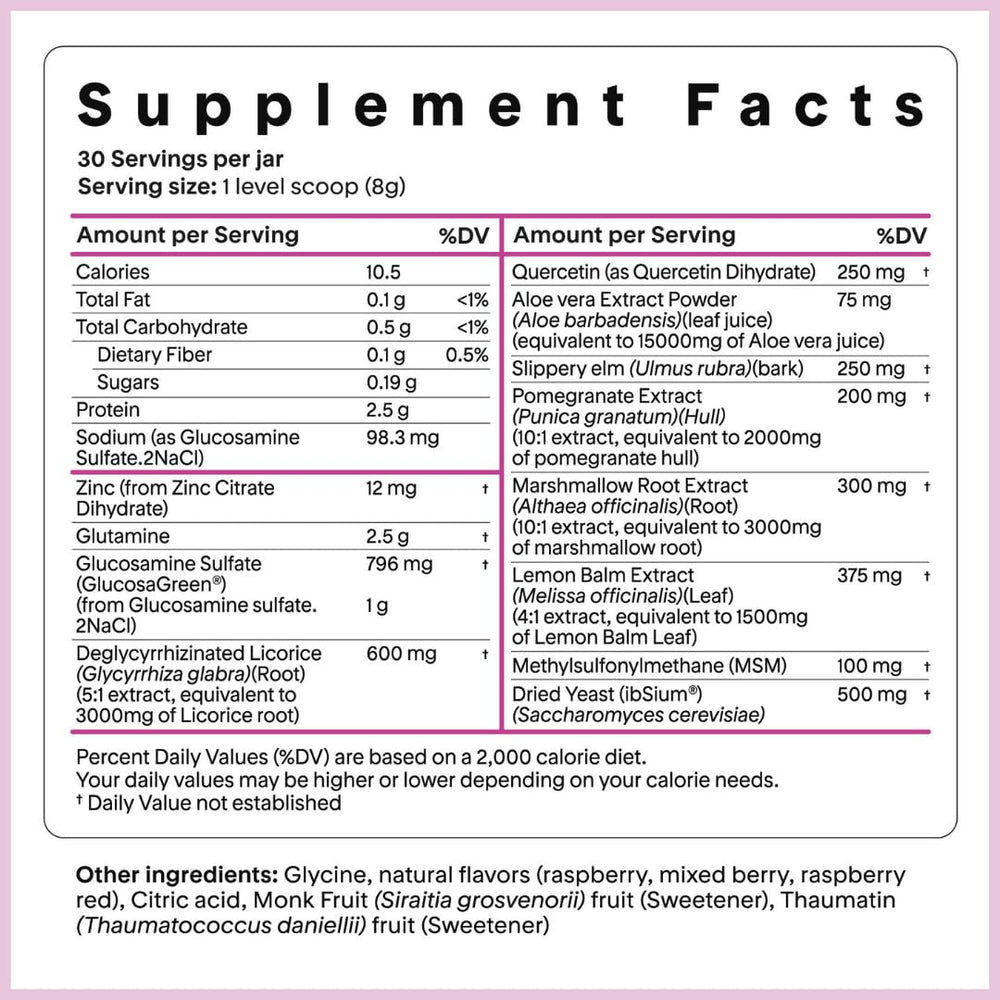 Close-up of key digestive ingredients: aloe vera, marshmallow root, slippery elm, and pomegranate extract.