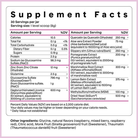 Close-up of key digestive ingredients: aloe vera, marshmallow root, slippery elm, and pomegranate extract.