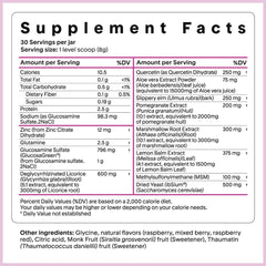 Close-up of key digestive ingredients: aloe vera, marshmallow root, slippery elm, and pomegranate extract.