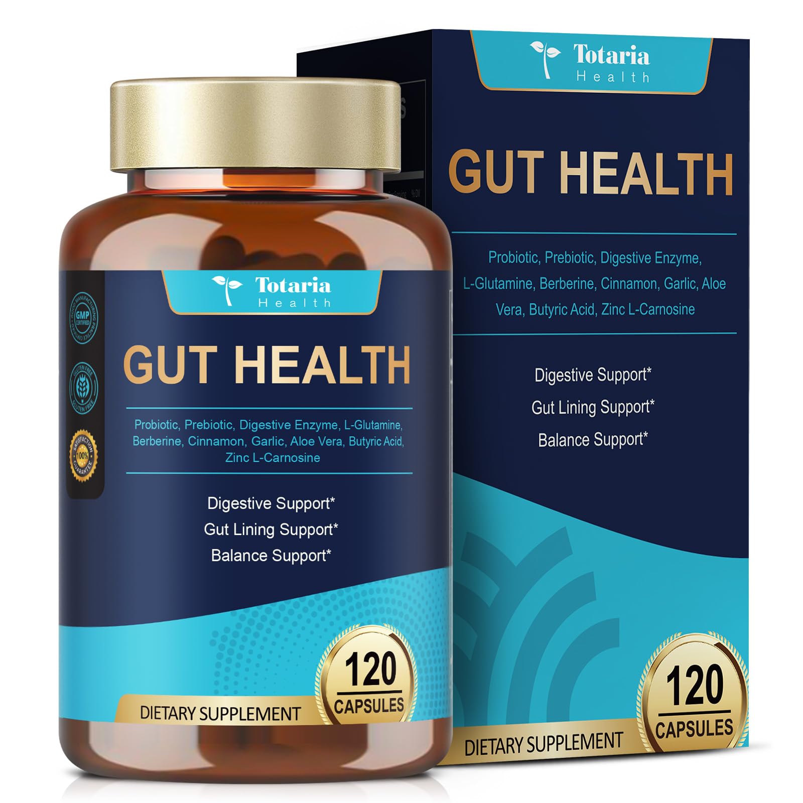 Bottle showcasing the 4-in-1 gut health formula with 120 capsules