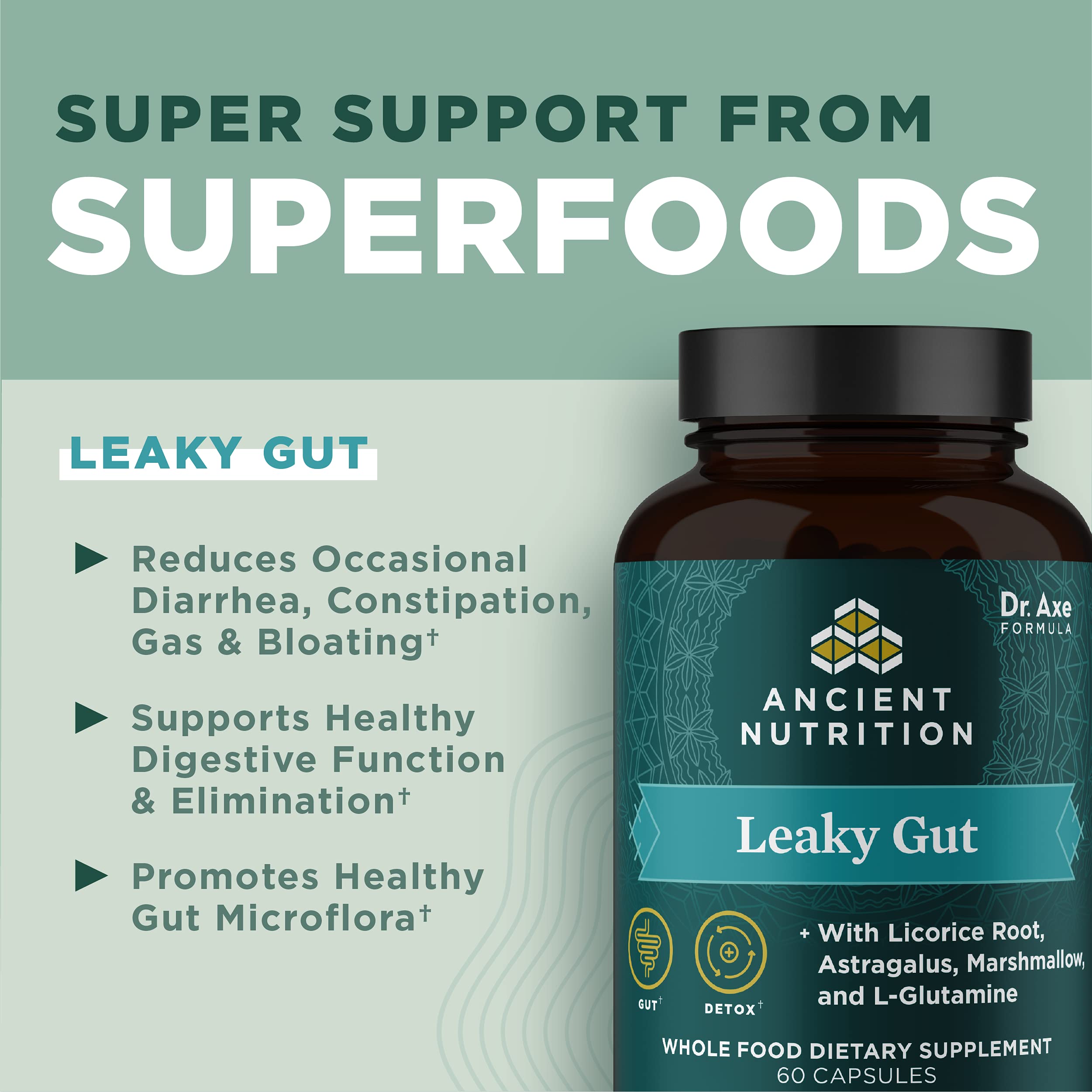 Close-up of ingredients including licorice root, astragalus, marshmallow, and L-glutamine