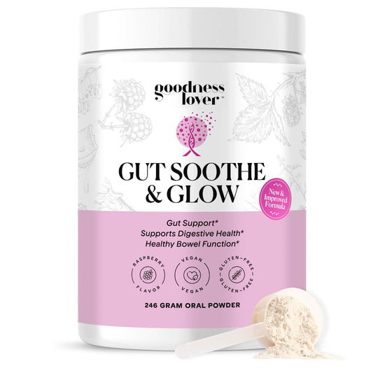 Goodness Lover Gut Soothe & Glow bottle displaying 30 servings.