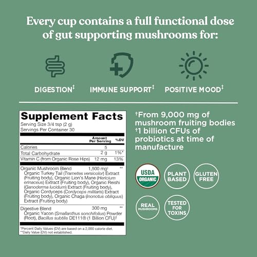 Ingredients showcasing ten functional mushrooms including Chaga and Reishi