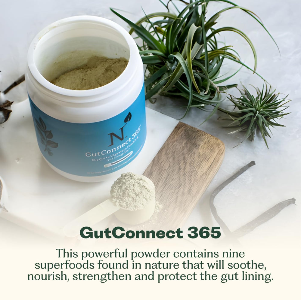 Close-up of slippery elm bark and ingredients label for GutConnect 365