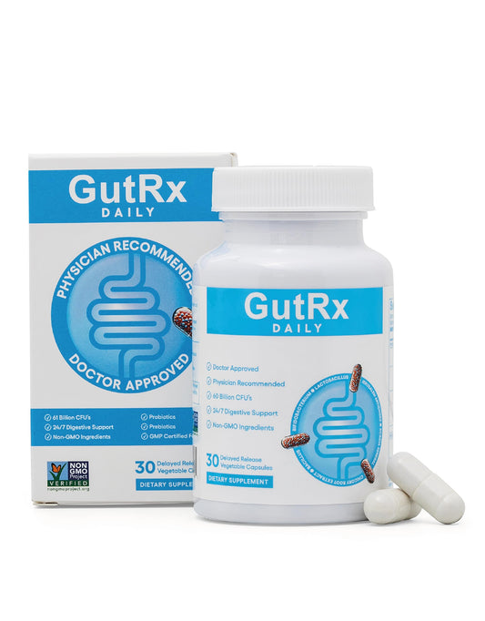 GutRx Daily Probiotics bottle with 30 enteric-coated capsules