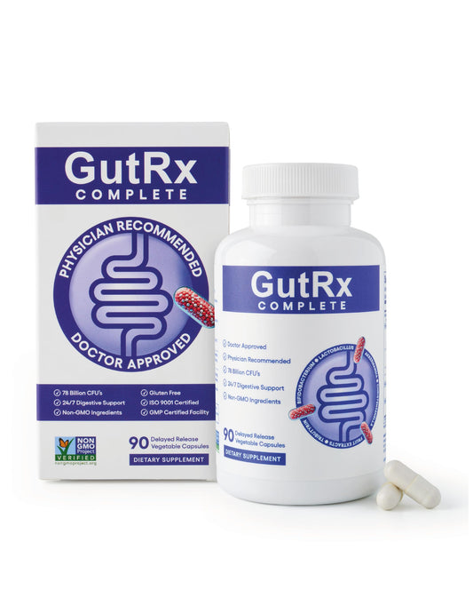 Bottle of GutRx Complete probiotic, prebiotic, postbiotic supplement