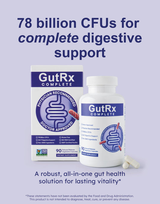 Close-up of enteric-coated GutRx Complete capsules
