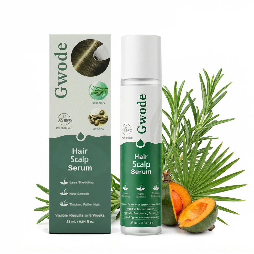 GWODE Rosemary Caffeine Scalp Serum Roll-On bottle shows a lightweight formula for daily scalp care